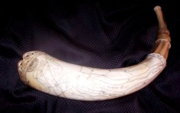 Mark Preston The Preston HornMy horn. A large F&I or “golden age” styled horn, it has a scalloped and faceted neck flowing into a double ring , a tulip and finally the spout. The facets on the neck have a 1/8 twist to them as well. I did not dye the neck and spout. It is lightly engrailed. On the body of the horn is a map of the Battle of New York in which I had two ancestors participate. I finished it on the date the battle was joined in commemoration. One of my first map horns.