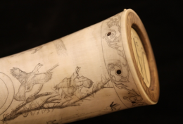 Quail Rising The inside curve of the horn shows a scene of quail rising from the grass and flying into the trees.  You can also see the base band which is a simple, elegant scroll.