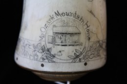 Coplin Horn - Customer's Ozark Cabin CameoThere is a 1 inch cameo in the base band. In it is a rendering of the client’s log cabin in the woods which was taken from a photograph he supplied me. Over that is the legend “My Ozark Mountain Home”.